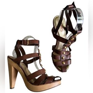 Michael Kors Wooden Heels Brown Gold Studded Gladiator Sandals platform Boho